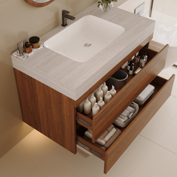 English Elm 29.9 Floating Bathroom Vanity Sintered Stone Top Ceramic Undermount Sink Two Drawers Stone Gray, Walnut W3136S00092