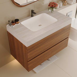 English Elm 29.9 Floating Bathroom Vanity Sintered Stone Top Ceramic Undermount Sink Two Drawers Stone Gray, Walnut W3136S00092