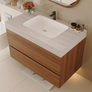 English Elm 29.9 Floating Bathroom Vanity Sintered Stone Top Ceramic Undermount Sink Two Drawers Stone Gray, Walnut W3136S00092