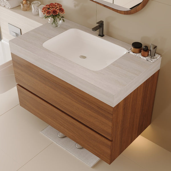 English Elm 29.9 Floating Bathroom Vanity Sintered Stone Top Ceramic Undermount Sink Two Drawers Stone Gray, Walnut W3136S00092