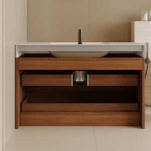 English Elm 29.9 Floating Bathroom Vanity Sintered Stone Top Ceramic Undermount Sink Two Drawers Stone Gray, Walnut W3136S00092