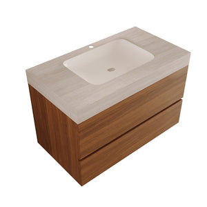 English Elm 29.9 Floating Bathroom Vanity Sintered Stone Top Ceramic Undermount Sink Two Drawers Stone Gray, Walnut W3136S00092