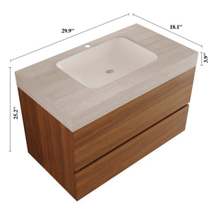 English Elm 29.9 Floating Bathroom Vanity Sintered Stone Top Ceramic Undermount Sink Two Drawers Stone Gray, Walnut W3136S00092
