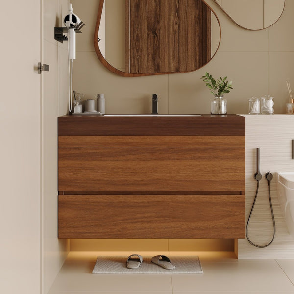English Elm 29.9 Floating Bathroom Vanity Sintered Stone Top Ceramic Undermount Sink Two Drawers Dark Brown, Walnut W3136S00093
