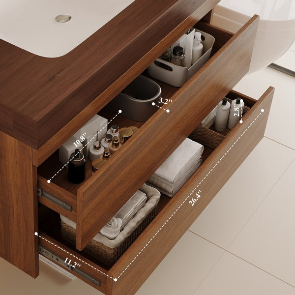 English Elm 29.9 Floating Bathroom Vanity Sintered Stone Top Ceramic Undermount Sink Two Drawers Dark Brown, Walnut W3136S00093