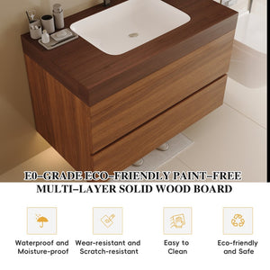 English Elm 29.9 Floating Bathroom Vanity Sintered Stone Top Ceramic Undermount Sink Two Drawers Dark Brown, Walnut W3136S00093