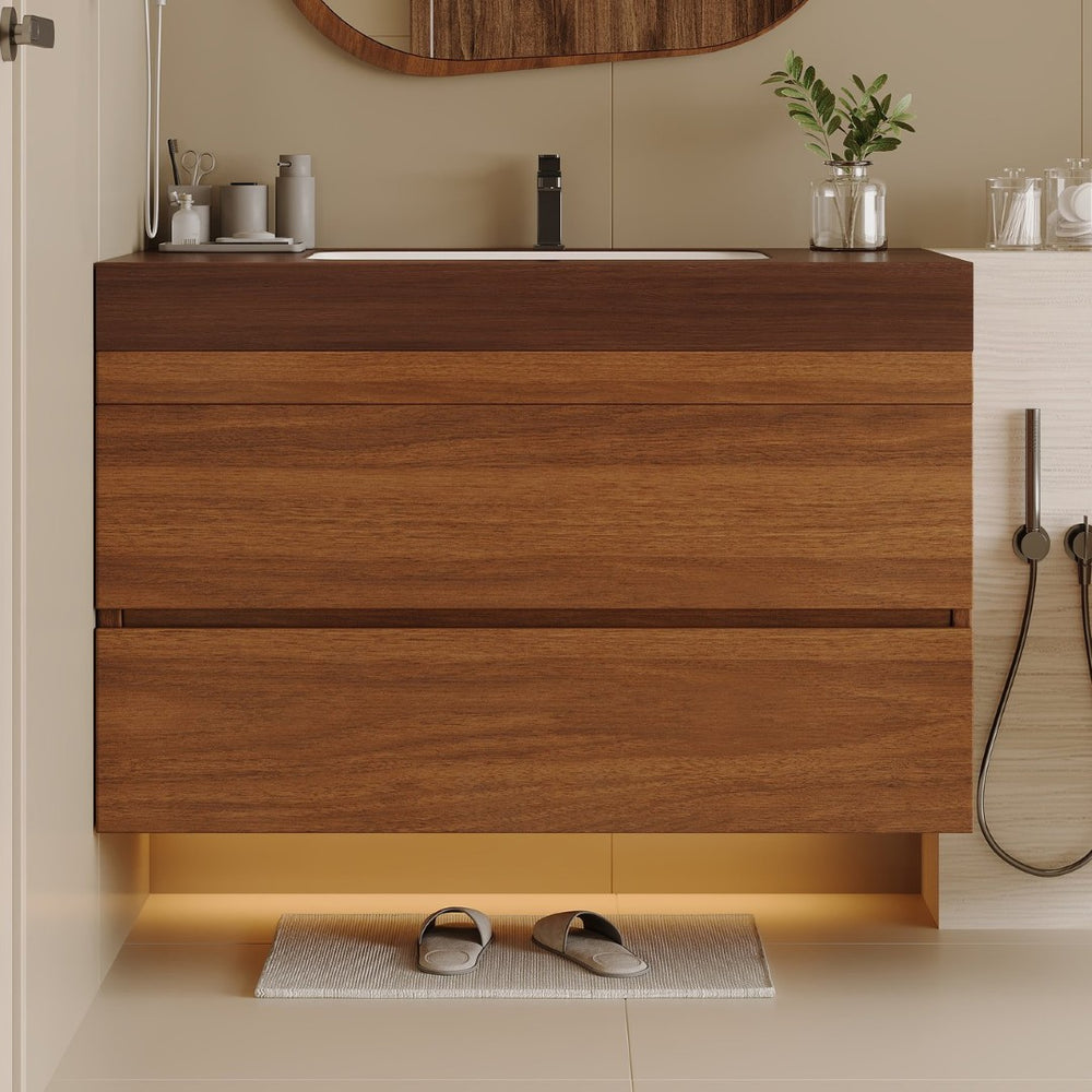 English Elm 29.9 Floating Bathroom Vanity Sintered Stone Top Ceramic Undermount Sink Two Drawers Dark Brown, Walnut W3136S00093
