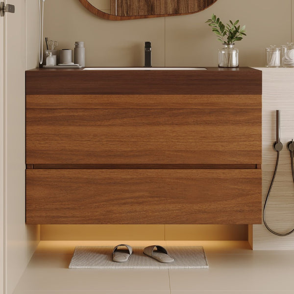 English Elm 29.9 Floating Bathroom Vanity Sintered Stone Top Ceramic Undermount Sink Two Drawers Dark Brown, Walnut W3136S00093