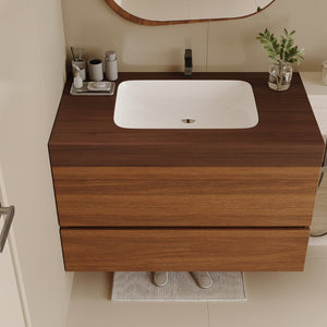 English Elm 29.9 Floating Bathroom Vanity Sintered Stone Top Ceramic Undermount Sink Two Drawers Dark Brown, Walnut W3136S00093