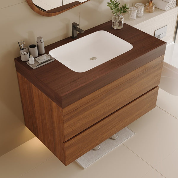 English Elm 29.9 Floating Bathroom Vanity Sintered Stone Top Ceramic Undermount Sink Two Drawers Dark Brown, Walnut W3136S00093