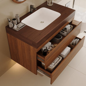 English Elm 29.9 Floating Bathroom Vanity Sintered Stone Top Ceramic Undermount Sink Two Drawers Dark Brown, Walnut W3136S00093