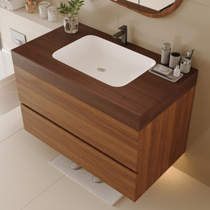 English Elm 29.9 Floating Bathroom Vanity Sintered Stone Top Ceramic Undermount Sink Two Drawers Dark Brown, Walnut W3136S00093