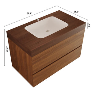 English Elm 29.9 Floating Bathroom Vanity Sintered Stone Top Ceramic Undermount Sink Two Drawers Dark Brown, Walnut W3136S00093