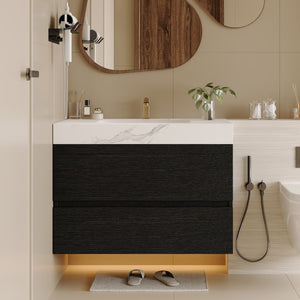 English Elm 29.9 Floating Bathroom Vanity Sintered Stone Top Ceramic Undermount Sink Two Drawers Black, White W3136S00094