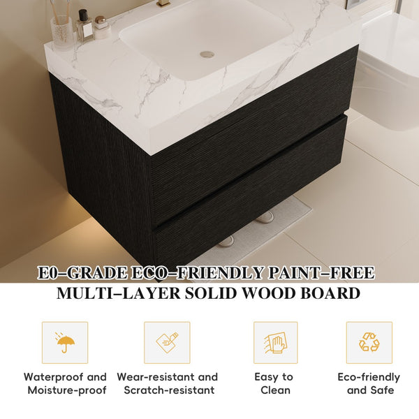 English Elm 29.9 Floating Bathroom Vanity Sintered Stone Top Ceramic Undermount Sink Two Drawers Black, White W3136S00094