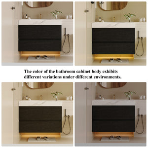 English Elm 29.9 Floating Bathroom Vanity Sintered Stone Top Ceramic Undermount Sink Two Drawers Black, White W3136S00094