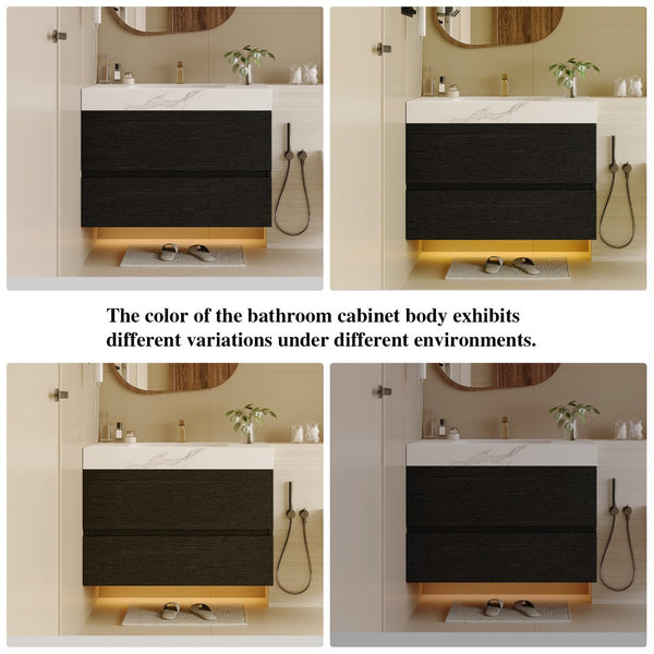 English Elm 29.9 Floating Bathroom Vanity Sintered Stone Top Ceramic Undermount Sink Two Drawers Black, White W3136S00094
