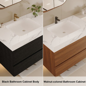English Elm 29.9 Floating Bathroom Vanity Sintered Stone Top Ceramic Undermount Sink Two Drawers Black, White W3136S00094