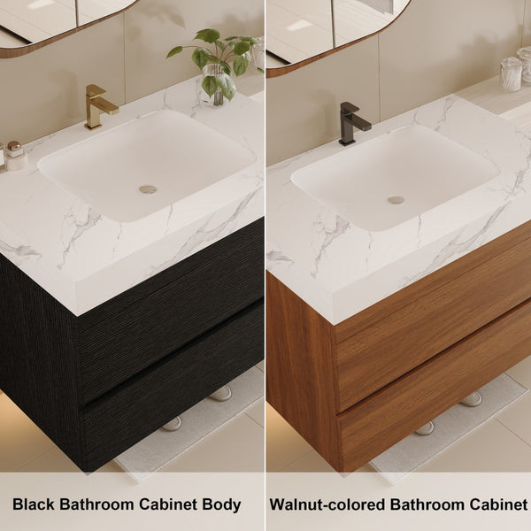 English Elm 29.9 Floating Bathroom Vanity Sintered Stone Top Ceramic Undermount Sink Two Drawers Black, White W3136S00094