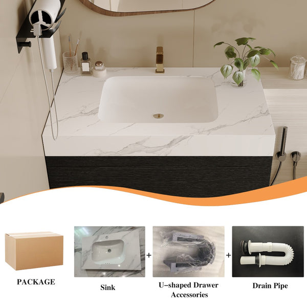 English Elm 29.9 Floating Bathroom Vanity Sintered Stone Top Ceramic Undermount Sink Two Drawers Black, White W3136S00094