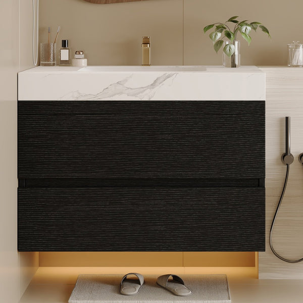 English Elm 29.9 Floating Bathroom Vanity Sintered Stone Top Ceramic Undermount Sink Two Drawers Black, White W3136S00094