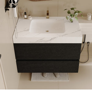 English Elm 29.9 Floating Bathroom Vanity Sintered Stone Top Ceramic Undermount Sink Two Drawers Black, White W3136S00094