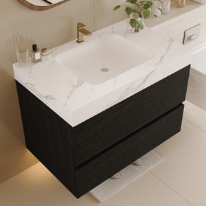 English Elm 29.9 Floating Bathroom Vanity Sintered Stone Top Ceramic Undermount Sink Two Drawers Black, White W3136S00094