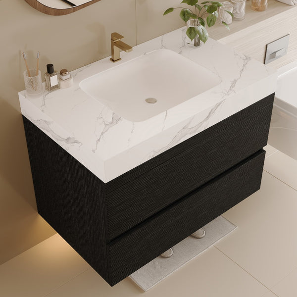 English Elm 29.9 Floating Bathroom Vanity Sintered Stone Top Ceramic Undermount Sink Two Drawers Black, White W3136S00094