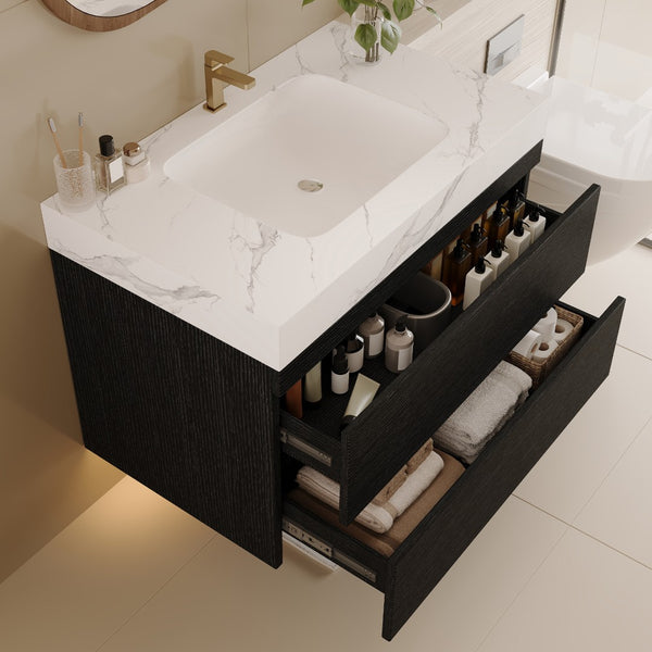 English Elm 29.9 Floating Bathroom Vanity Sintered Stone Top Ceramic Undermount Sink Two Drawers Black, White W3136S00094