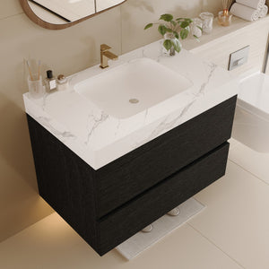 English Elm 29.9 Floating Bathroom Vanity Sintered Stone Top Ceramic Undermount Sink Two Drawers Black, White W3136S00094