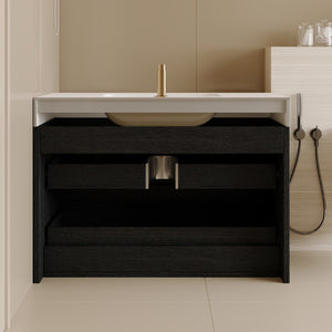 English Elm 29.9 Floating Bathroom Vanity Sintered Stone Top Ceramic Undermount Sink Two Drawers Black, White W3136S00094