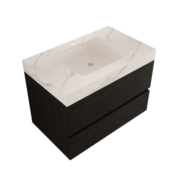 English Elm 29.9 Floating Bathroom Vanity Sintered Stone Top Ceramic Undermount Sink Two Drawers Black, White W3136S00094
