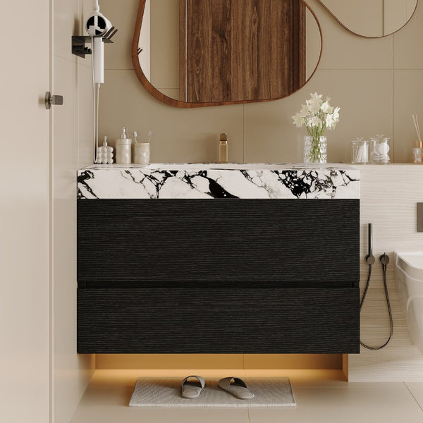 English Elm 29.9 Floating Bathroom Vanity Sintered Stone Top Ceramic Undermount Sink Two Drawers Black, Black White W3136S00095