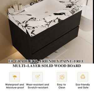 English Elm 29.9 Floating Bathroom Vanity Sintered Stone Top Ceramic Undermount Sink Two Drawers Black, Black White W3136S00095