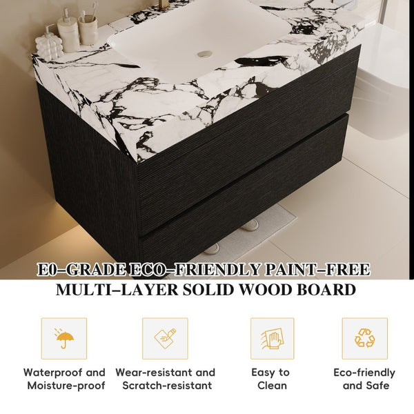 English Elm 29.9 Floating Bathroom Vanity Sintered Stone Top Ceramic Undermount Sink Two Drawers Black, Black White W3136S00095