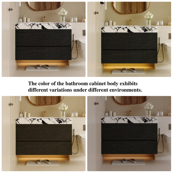 English Elm 29.9 Floating Bathroom Vanity Sintered Stone Top Ceramic Undermount Sink Two Drawers Black, Black White W3136S00095