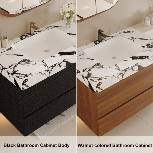 English Elm 29.9 Floating Bathroom Vanity Sintered Stone Top Ceramic Undermount Sink Two Drawers Black, Black White W3136S00095