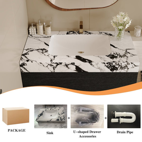 English Elm 29.9 Floating Bathroom Vanity Sintered Stone Top Ceramic Undermount Sink Two Drawers Black, Black White W3136S00095
