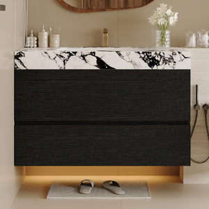 English Elm 29.9 Floating Bathroom Vanity Sintered Stone Top Ceramic Undermount Sink Two Drawers Black, Black White W3136S00095