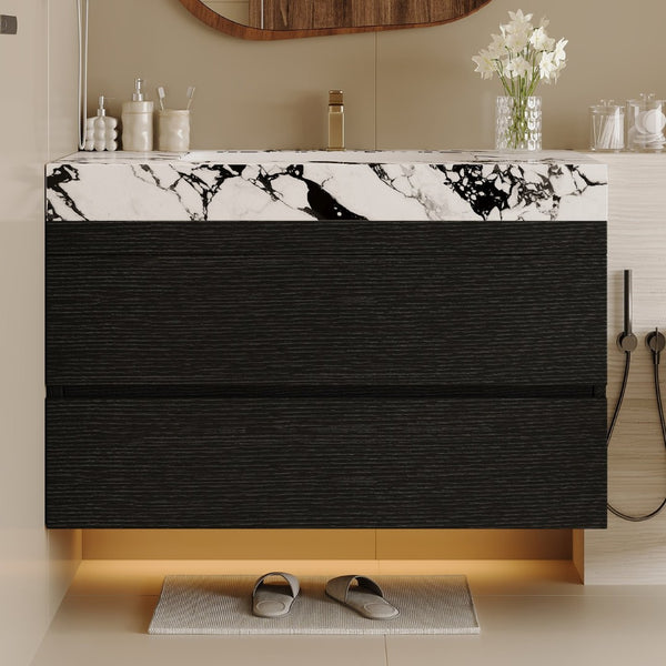 English Elm 29.9 Floating Bathroom Vanity Sintered Stone Top Ceramic Undermount Sink Two Drawers Black, Black White W3136S00095