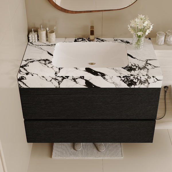 English Elm 29.9 Floating Bathroom Vanity Sintered Stone Top Ceramic Undermount Sink Two Drawers Black, Black White W3136S00095