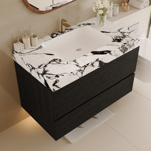 English Elm 29.9 Floating Bathroom Vanity Sintered Stone Top Ceramic Undermount Sink Two Drawers Black, Black White W3136S00095