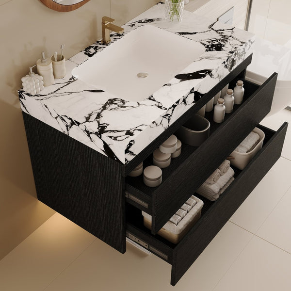 English Elm 29.9 Floating Bathroom Vanity Sintered Stone Top Ceramic Undermount Sink Two Drawers Black, Black White W3136S00095