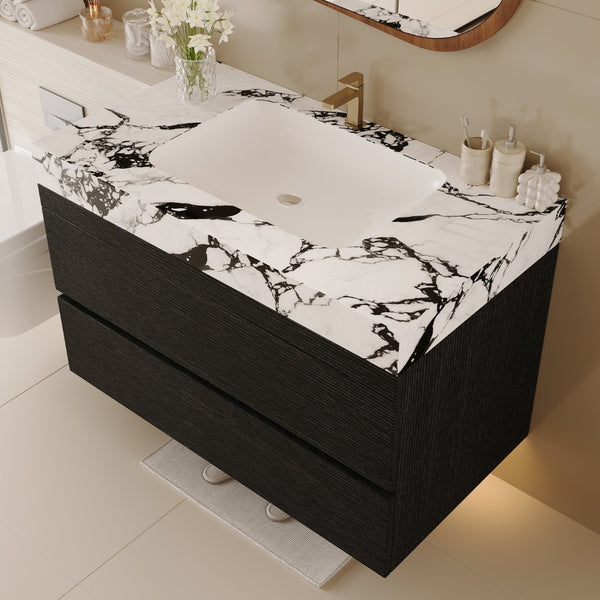 English Elm 29.9 Floating Bathroom Vanity Sintered Stone Top Ceramic Undermount Sink Two Drawers Black, Black White W3136S00095