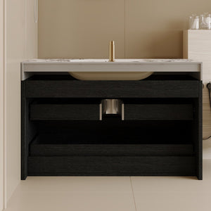 English Elm 29.9 Floating Bathroom Vanity Sintered Stone Top Ceramic Undermount Sink Two Drawers Black, Black White W3136S00095