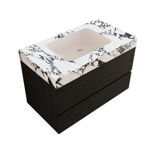 English Elm 29.9 Floating Bathroom Vanity Sintered Stone Top Ceramic Undermount Sink Two Drawers Black, Black White W3136S00095