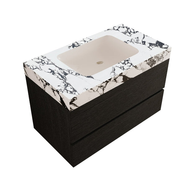 English Elm 29.9 Floating Bathroom Vanity Sintered Stone Top Ceramic Undermount Sink Two Drawers Black, Black White W3136S00095