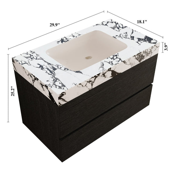 English Elm 29.9 Floating Bathroom Vanity Sintered Stone Top Ceramic Undermount Sink Two Drawers Black, Black White W3136S00095