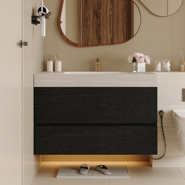 English Elm 29.9 Floating Bathroom Vanity Sintered Stone Top Ceramic Undermount Sink Two Drawers Black, Stone Gray W3136S00096