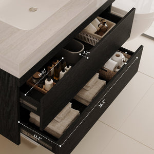 English Elm 29.9 Floating Bathroom Vanity Sintered Stone Top Ceramic Undermount Sink Two Drawers Black, Stone Gray W3136S00096